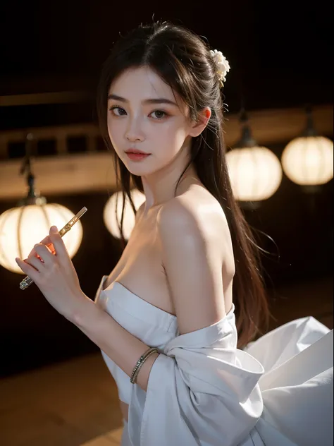 zhongfenghua， 1girll， 独奏， Hanfu， Ancient_Chinese_architecture， Hold the blade,Zen entanglement，offcial art， Unity 8k壁纸， ultra - detailed， Beautiful and beautiful， tmasterpiece，best qualtiy， （dynamic angle：1.4）， Glowing skin，The most beautiful forms of chao...