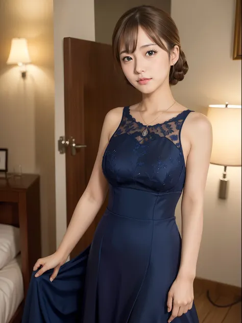 1 girl, Solo, Kaori Sakuramori (million live), Semi-formal dresses, Best Quality, 8K, Photorealistic, Ultra-detailed, detailed face, Detailed skin, Blue Dress, Maxi dress, Party, depth of fields,