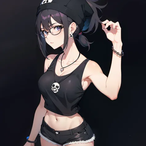 teenage, anime girl, glasses, black hair, black tank top, bangs, shorts, short hair, skull earrings, black skull beanie, open clothes, ponytail, medium layer hair, large breasts, high quality, armpits, looking at viewer, black background, heart necklace, l...