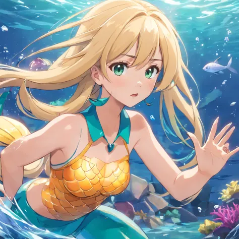 Mermaid girl anime, mermaids, Angry girl, Blonde girl, mermaids, waterpower, blonde flowing hair, flat anime style shading, anime woman, anime-style character, flat anime style, powerful posing, blond hairbl, Mermaid costume, powerful posing, aquatic, Powe...