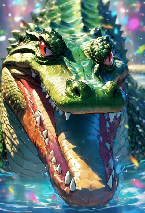 An alligator, use of sunglasses, Feliz, muito detalhado, Colorido, dentes afiados, Aprovado