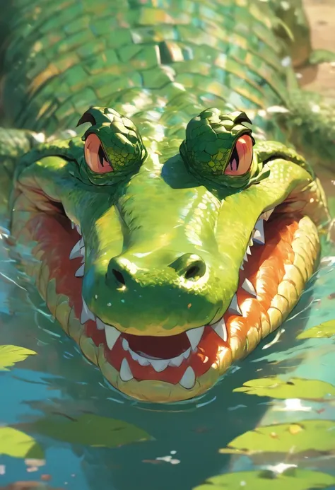 An alligator, use of sunglasses, Feliz, muito detalhado, Colorido, dentes afiados, Aprovado