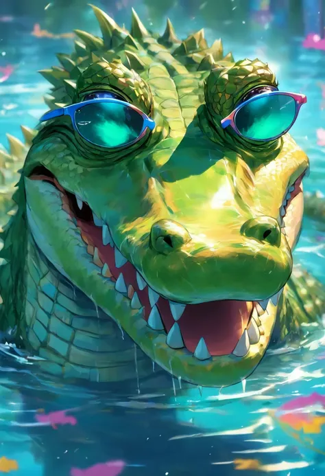 An alligator, use of sunglasses, Feliz, muito detalhado, Colorido, dentes afiados, Aprovado