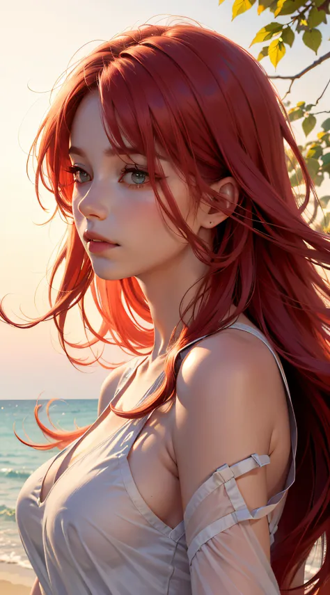 (highres, best quality:1.2), (realistic:1.37), portrait, red-haired woman, sunlight, flowing hair, serene expression, ethereal atmosphere, vibrant colors, warm tones, soft shadows, subtle highlights, gentle breeze, graceful pose, natural background, bokeh