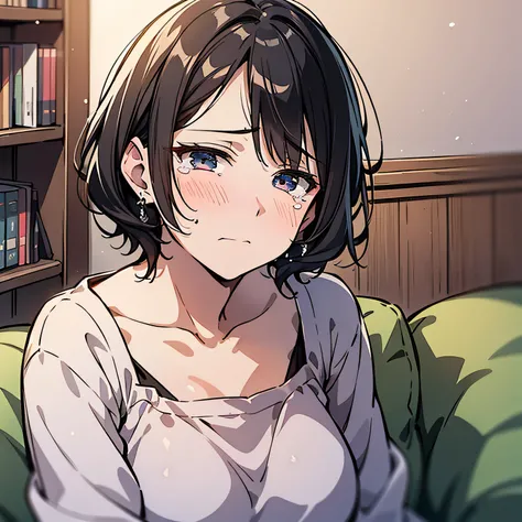 A middle-aged aunt，with short black hair，Wearing a white top，Sitting on the edge of the bed in the room with a sad expression（Tears 1.5）（The background is in the room in the village：1.5），Anime style 4K，Anime rendering，style of anime，8K fineness，（Upper body...