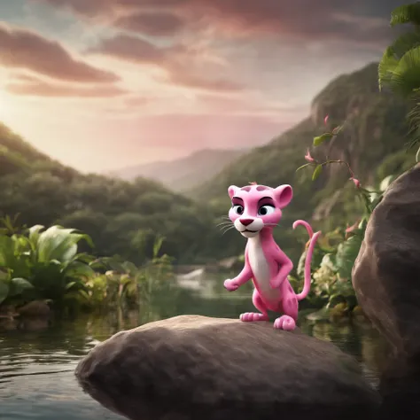 A pink panther ((aggressive), in attack position, rocks and lake around, highly detailed nature environment, high quality picture, hyper realistic, cinematic look, HD in 32k--ar 3:2--in style cartoon, draw