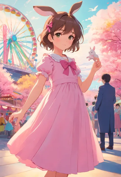 Little girl in a long dress holding a little rabbit hairpin in one hand，Holding one dressed in pink at a large amusement park，A little bunny wearing a scalloped bow hairpin