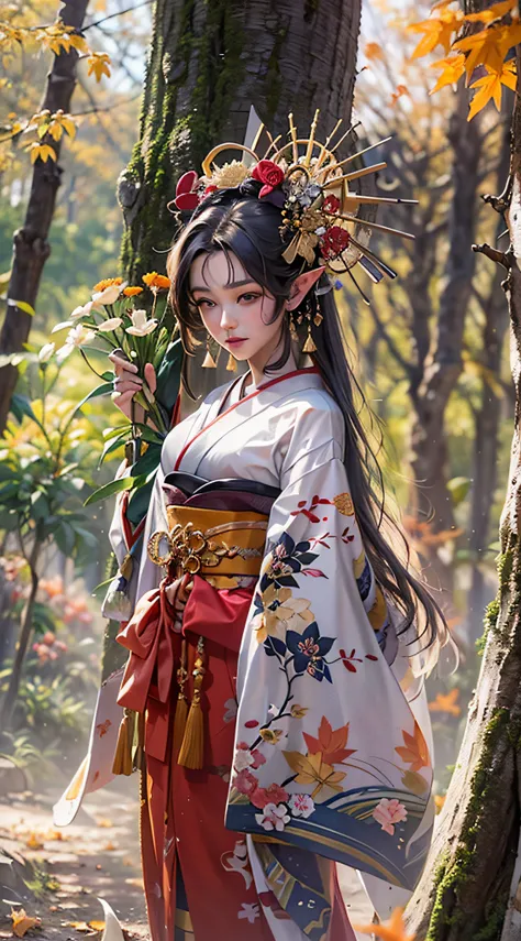 (Super elaborate CG Unity 8K wallpaper), (masterpiece), (highest quality), (realistic), geisha, kimono, dance, elf, pointed ears, ((best quality)), (super detailed)), (((photo)), autumn Japan forest