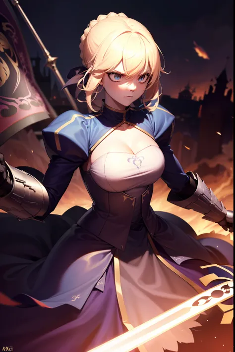 mystic atmosphere , contrasting color, (Best quality,high resolucion:1.2),Ultra-detailed,Realstic:1.37,Artoria in a city charging a huge attack,scintiller,Castle in the background,Iconic poses,Excalibur,Detailed armor,beautiful detailed  eyes,beautiful det...