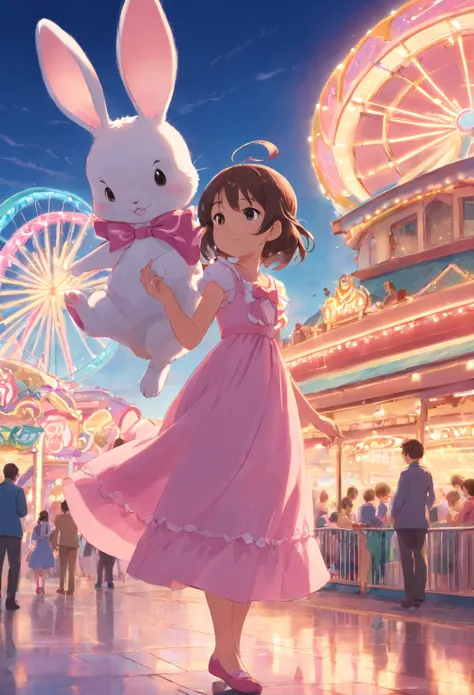 Little girl in a long dress holding a little rabbit hairpin in one hand，Holding one dressed in pink at a large amusement park，A little bunny wearing a scalloped bow hairpin