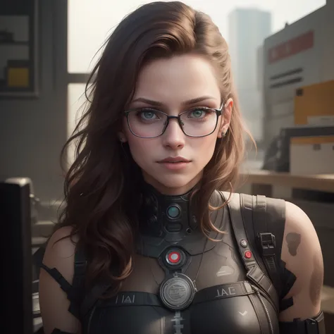 (cientista militar cyberpunk:1) (1Mulher) tema escuro :: foco no rosto de closeup, cara curiosa, Rosto de Katee Sackhoff, ultra realistic futuristic cyberpunk tall athletic woman, :: medium brown hair, Futuristic Nerd Glasses :: Inside the cyberpunk office...