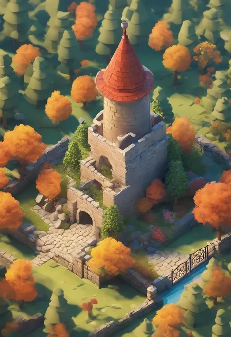 absurdres, best quality, fantasy, isometric, knolling style of (miniature brick round tower:1.2), tree, stone wall, (simple background:1.2)