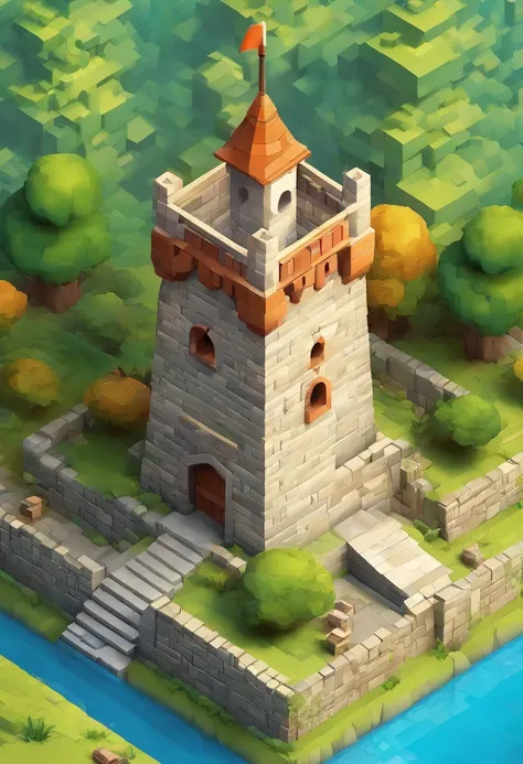 absurdres, best quality, fantasy, isometric, knolling style of (miniature brick round tower:1.2), tree, stone wall, (simple background:1.2)