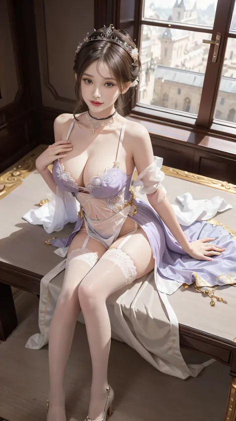 Arapefi, （Purple princess dress，1.5）， Look up at the camera， wearing high heels，Place your hands on your chest，Wear a crown，choker necklace，ssmile，Close up from above，next to a window, In the castle, Sense of transparency，（oversized boobs，1.5），Expose cleav...