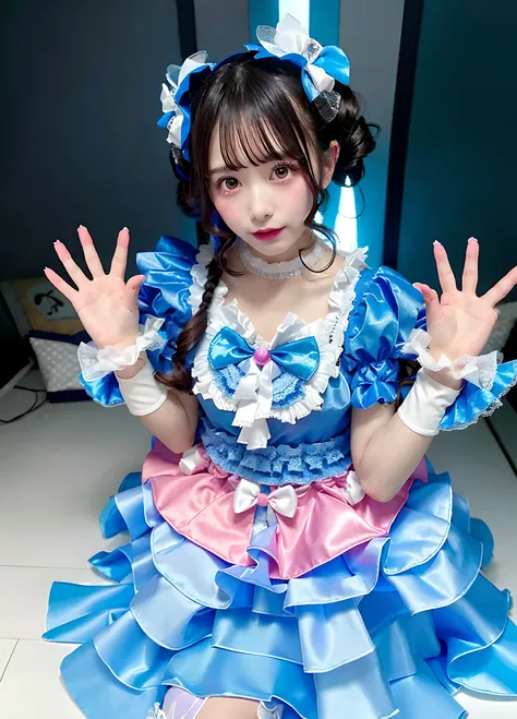 Woman in blue satin dress posing for photo, angelic pretty, Belle Delphine, fairycore, kawaii decora rainbowcore, portrait of the magical Lolita girl, Lolita style, y 2 k cutecore clowncore, cutecore, Lolita Fashion, by Ayami Kojima, kinomoto sakura, Satin...