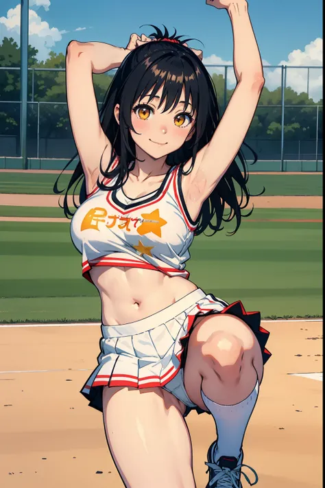 Yukimikan、Black hair、Colossal tits、A smile、Navel Ejection、white colors　amarelo　Cheerleader Uniforms、White High Socks、white sneaker、A slender、Armpit　I-Balance Pose、baseball field