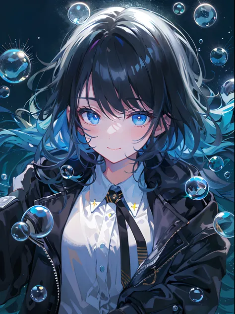 ((top-quality)), ((​masterpiece)), ((ultra-detailliert)), (extremely delicate and beautiful), girl with, 独奏, cold attitude,((Black jacket)),She is very(relax)with  the(Settled down)Looks,A dark-haired, depth of fields,evil smile,Bubble, under the water, Ai...