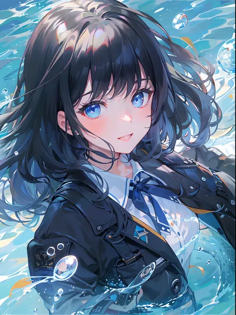 ((top-quality)), ((​masterpiece)), ((ultra-detailliert)), (extremely delicate and beautiful), girl with, 独奏, cold attitude,((Black jacket)),She is very(relax)with  the(Settled down)Looks,A dark-haired, depth of fields,evil smile,Bubble, under the water, Ai...