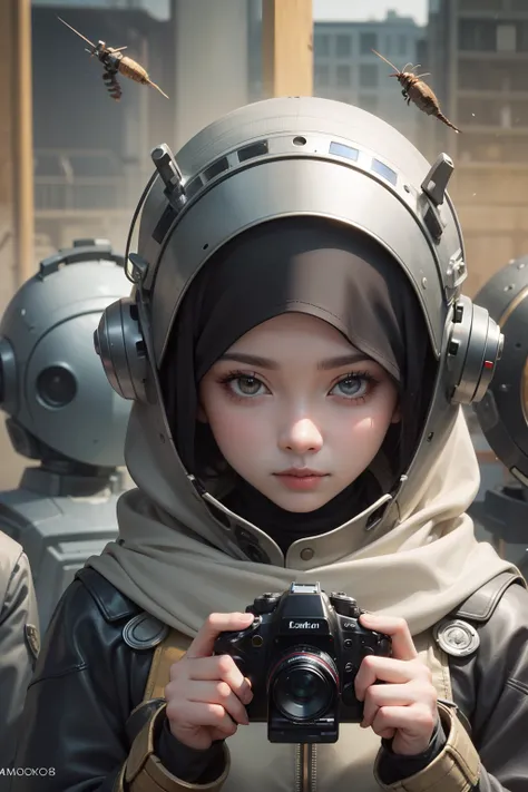 Photograph a Malay girl in hijab with a swarm of tiny robotic companions, illustrating the harmonious relationship between her and advanced technology