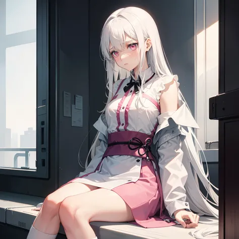 A sad and melancholy girl，With a desperate look on his face，Sitting in the white ward of the hospital，Long silver-white hair and waist，Pink eyes，Sighing in white patient clothes