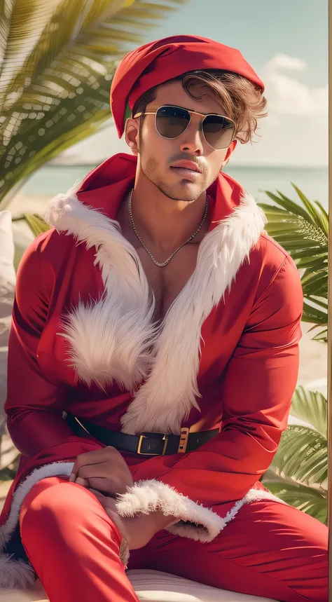 photorealistic young male supermodel dressed like Santa Claus in cool outfit sitting on palm beach