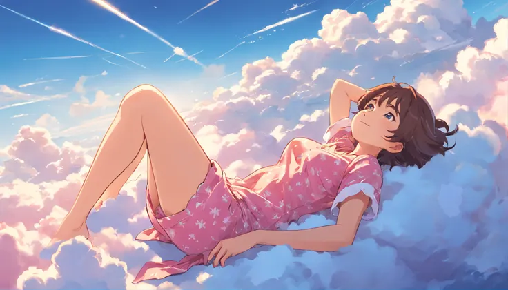 comic strip, mesmerising mature woman lying on beautiful fluffy clouds in the sky, (adult woman:1.4), (mature face:1.4), big breast, On thick clouds such as marshmallows, Pink pajamas, Detail enhancement, 8K, super-fine, concept-art, number art