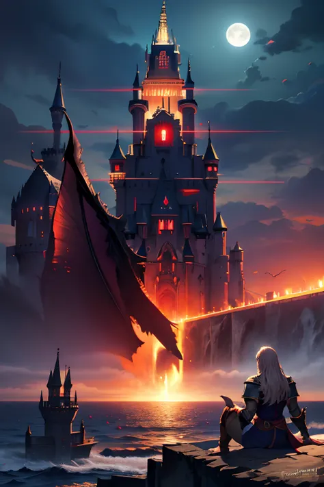 dreamlikeart Castlevania Lord of the Shadows hyper realistic super detailed Legendary Castle. Moon behind bright red on the waves of the sea superb view environment