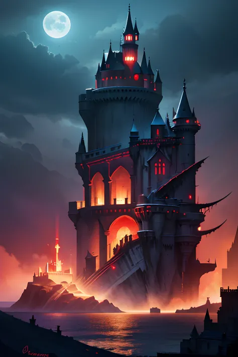 dreamlikeart Castlevania Lord of the Shadows hyper realistic super detailed Legendary Castle. Moon behind bright red on the waves of the sea superb view environment