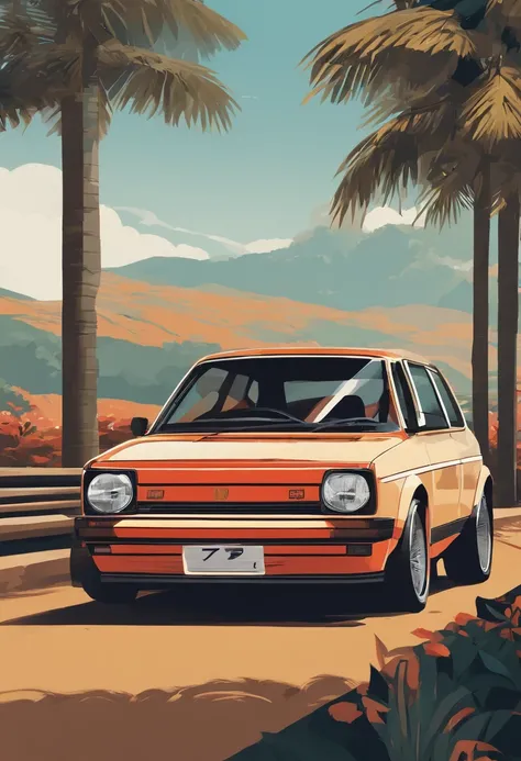 Vista lateral de um golf estilizado, art design, car wrap,esthetic, estilo anime nos anos 90, arte detalhada do anime, Arte de anime vintage dos anos 90, sombreamento de anime tradicional, Art with retro vibe, nostalgia, Clean and crisp details, arte com s...