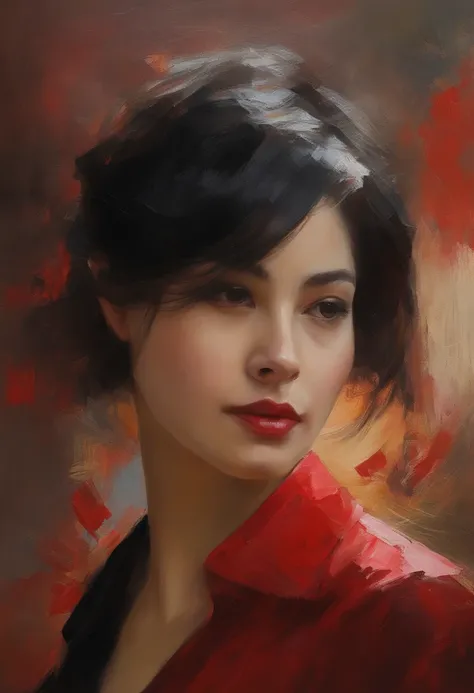 (Red shirt, black necktie), Short Hair Hair, black  hair, very detail, ((tmasterpiece, great quality)), a 1girl, 独奏, close up face, bust,