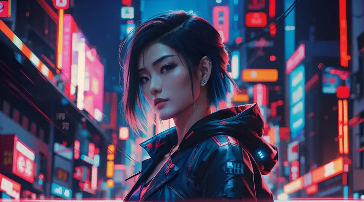 Asian style woman, MILF, de cabelo liso com franja, colete cyberpunk, arte digital cyberpunk, detalhada em 8k hd, fundo noite em azul e vermelho, Tokyo Neonpunk, posing standing in the middle of a road with tall building next to it.