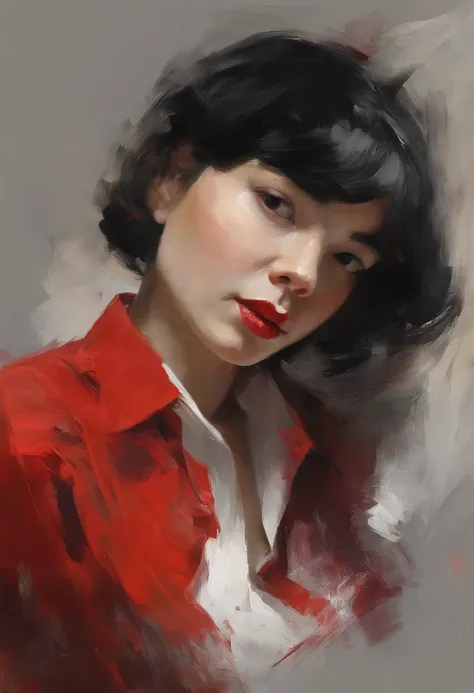 (Red shirt, black necktie), Short Hair Hair, black  hair, very detail, ((tmasterpiece, great quality)), a 1girl, 独奏, close up face, bust, European face,