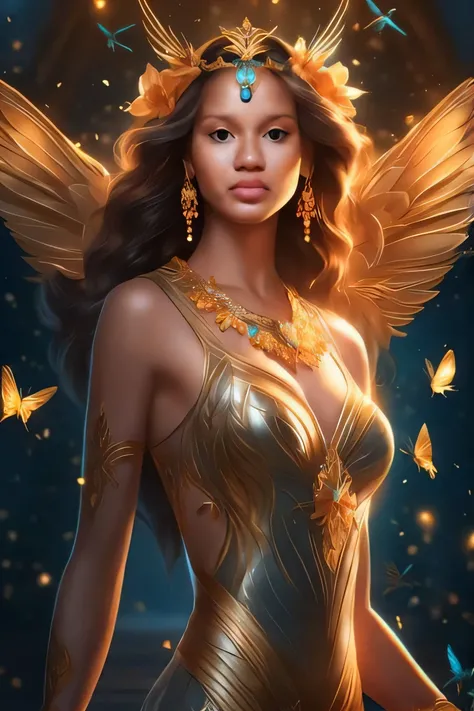 uma mulher com asas e vestido dourado em um quarto escuro, pele escura deusa feminina do amor, com asas douradas ardentes, arte do personagem charlie bowater, Neoartcore e Charlie Bowater, Um retrato impressionante de uma deusa, Charlie Bowater e Artgerm, ...