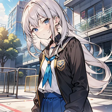 Around 18 years old, young anime man，Short yellow hair 1.5，Wearing a white school uniform and a girl with long white hair standing on the school playground（Half squinted 1.5）（The background is on the school playground：1.5），Anime style 4K，Anime rendering，st...