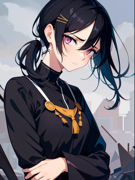 looks to the side, Looking into the distance, full bodyesbian, black hair, ponytail, floating hair, expressive hair, hairclip, x hair ornament, empty eyes, furrowed brow, sad, tearing up, sulking, frustrated, anime, anime style, anime style, 4K