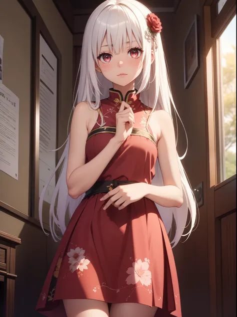 Top quality ultra-detailed CG art、Brown-skinned、qipao dress：１.２）、White hair、big eye、Cold eyes、Mid summer、sixteen years old、red blush、Naked shoulders、Red Eyes、sexypose、Naughty Girls、Short stature、a room、Nervous、Medium Hair、slit、年轻、年轻、Young、