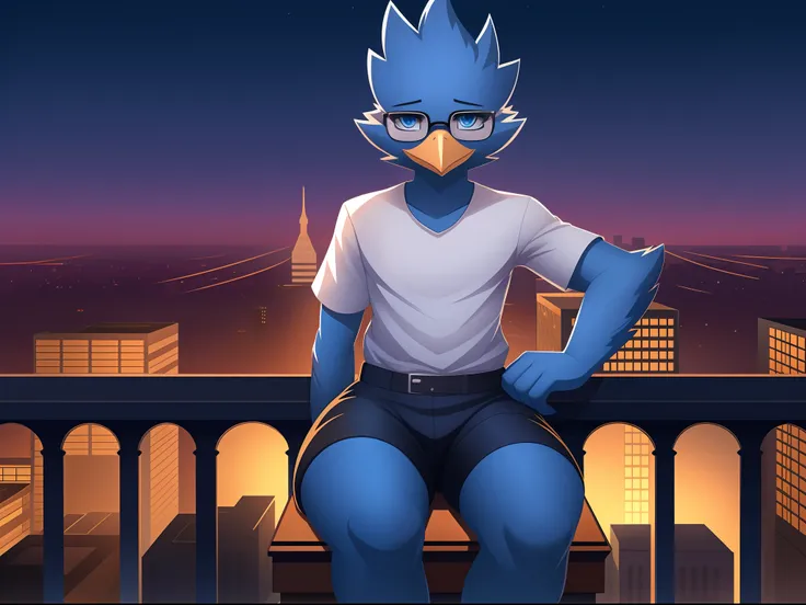 Berdly from Deltarune, solo, perfect face, perfect eyes, detailed eyes, wearing glasses, glasses, male, avian, bird, blue body, white shirt, short sleeves, thick thighs, wide hips, black shorts, bird tail, sitting, curvy, absurderes, looking at you, from a...