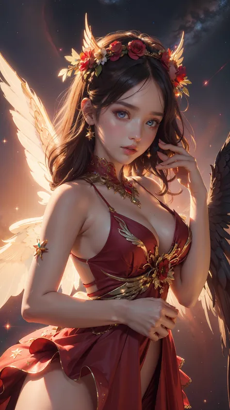 4k ultra hd, masterpiece, a girl, good face, detailed eyes, detailed lips, flower fairy girl, big wings, transparent red wings, neon lights, magnificent background, red dress, flower crown, starry sky background, divine light, attractive pose,