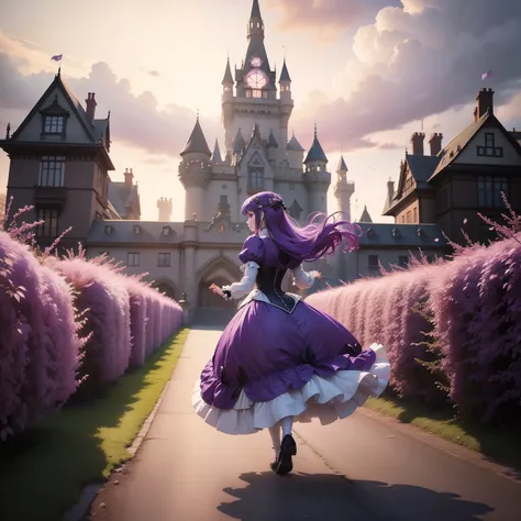 Anime character princess running away from her castle, princess with long purple bair, anime style artwork manga artwork big castle victorian time victorian clothes