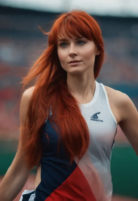 8K,extremely delicate and beautiful girl,perspiring, Longhaire, asymmetrical bangs, poneyTail, red hairs,dishevled hair, bright skin,Red jersey,Marathon runner,Stadium