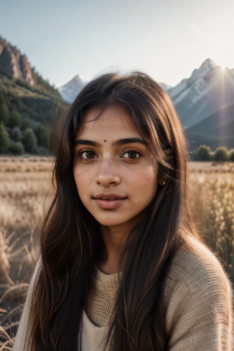 young indian girl, fair complection, 18-year-old, green background, mountains ,village backgound ultra hd photo, happy , seducti...