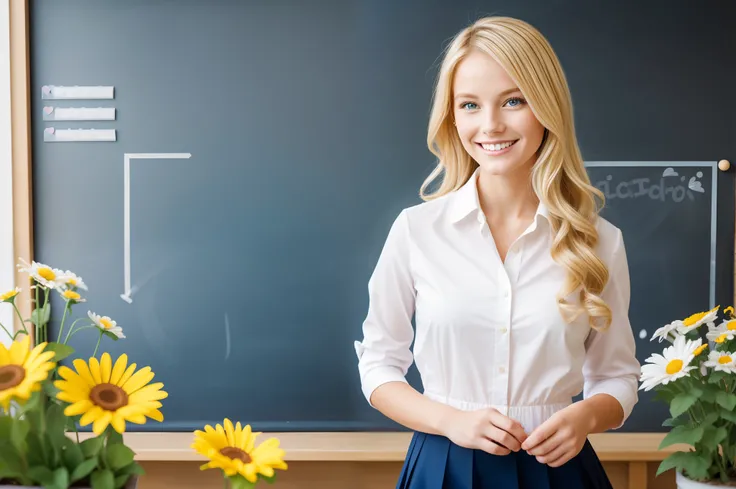 A primary school teacher,elegant,classy,masterpiece:1.2,happy girl,smiling teacher,female blonde teacher,outdoor garden scene,beautiful flowers,bright sunny day,happy children,educational setting,blackboard and chalk,crayons and coloring books,warm tones,s...