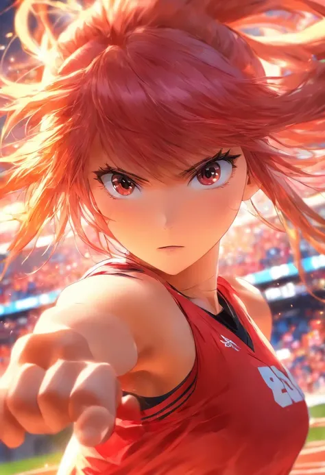 8K,extremely delicate and beautiful girl,perspiring, Longhaire, asymmetrical bangs, poneyTail, red hairs,dishevled hair, bright skin,Red jersey,Marathon runner,Stadium