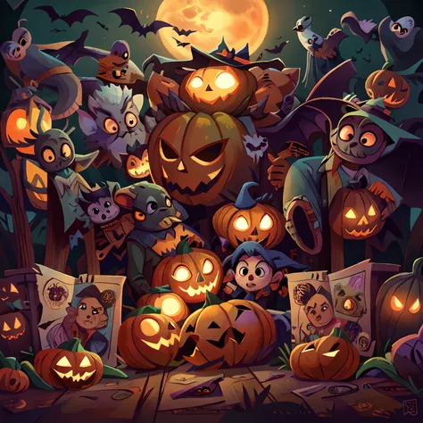 There is a Halloween scene，Pumpkins and bats fly over it, Official artwork, promotional artwork, Detailed cover artwork, official render, official fanart, 2 d spell vfx, halloween art style, Halloween, halloween atmosphere, Phlegm sputum, phlegm : : 5, art...