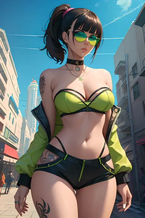 Masterpiece, digital artwork , A gorgeous  woman, lime-green biker jacket, strapless tubetop underneath the jacket, shorts, (round tinted_glasses), side shaved hair, neck tattoo, front bangs, stylized hair, high and wide mid-riff, navel, highly detailed, i...