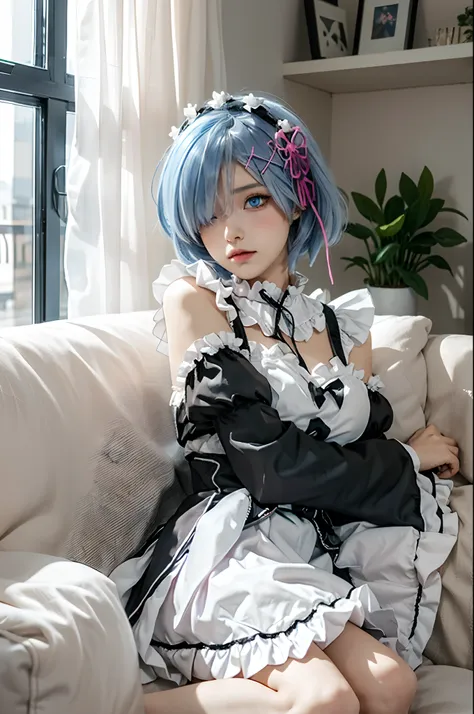 r_e_m, 1girl,(beautiful face:1.25) short blue hair, blue eyes, hair over one eye, hair ornament, pink hair ribbon, rem's maid un...