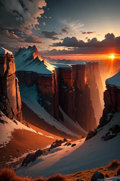 The scene showcases a dramatic sunset unfolding over a rugged mountain range.