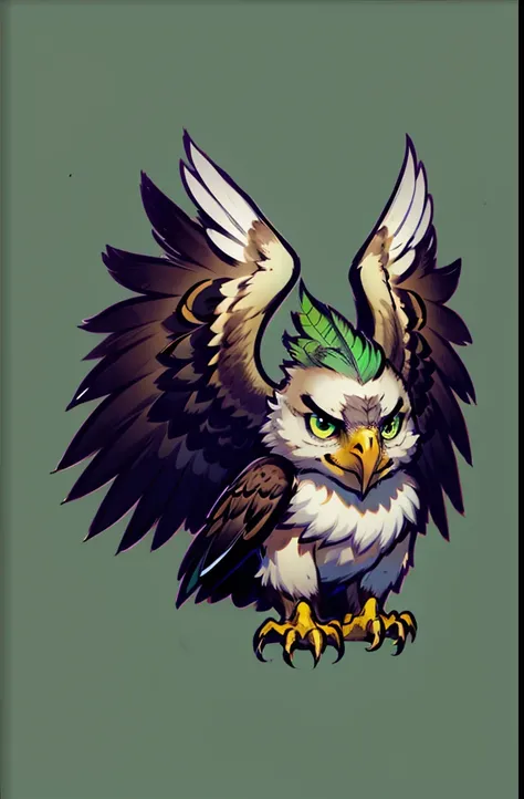 1young eagle, chibi, anthropomorphic, grey feather, big green eyes, simple dark background,