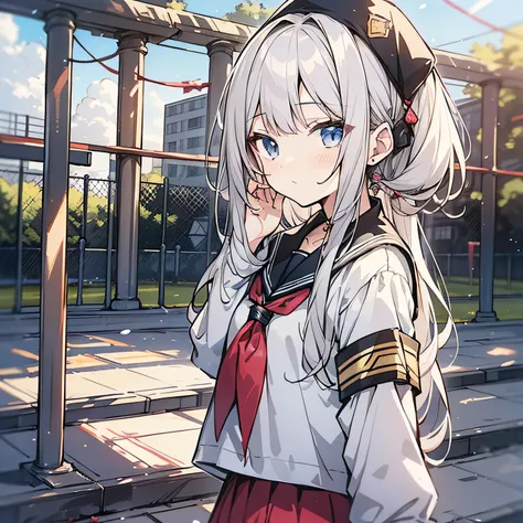 Around 18 years old, young anime man，Short yellow hair 1.5，Wearing a white school uniform and a girl with long white hair standing on the school playground（Half squinted 1.5）（The background is on the school playground：1.5），Anime style 4K，Anime rendering，st...