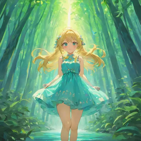 extremely delicate and beautiful girl, faerie, Long hair, Parted bangs, Braids, blondehair, Shiny hair, bright skin, Wrist cuffs, Onepiece, Sleeveless, Forest Lake, The sun shines through the trees, butterflys flying around, Iridescent butterfly wings, Wal...